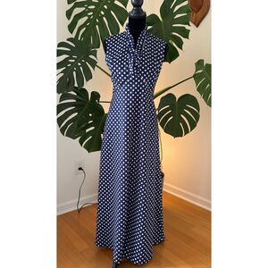 Vintage 70s Navy Blue White Polka Dot Fitted Long A-Line Maxi Dress M